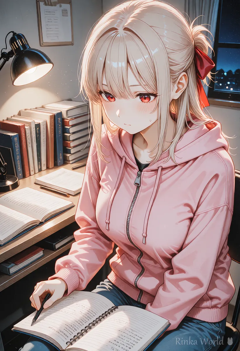 夜の部屋で机に向かって勉強する女の子のアニメイラスト　日常の動作の例