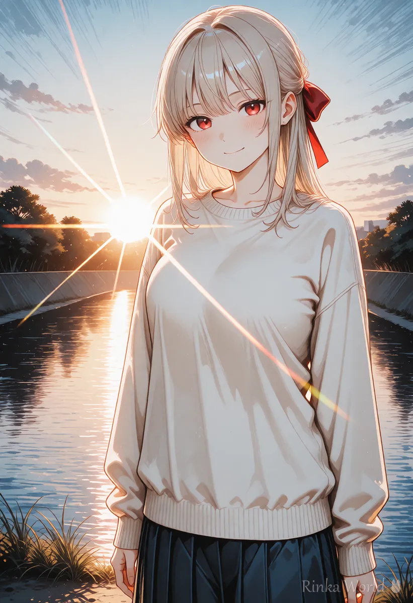 夕日のレンズフレアが入ったアニメの女の子のイラスト