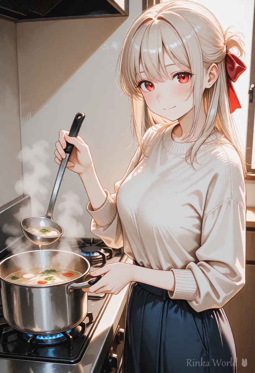 湯気の立つ鍋からお玉でスープをすくって笑顔を見せる、キッチンの女の子のアニメイラスト