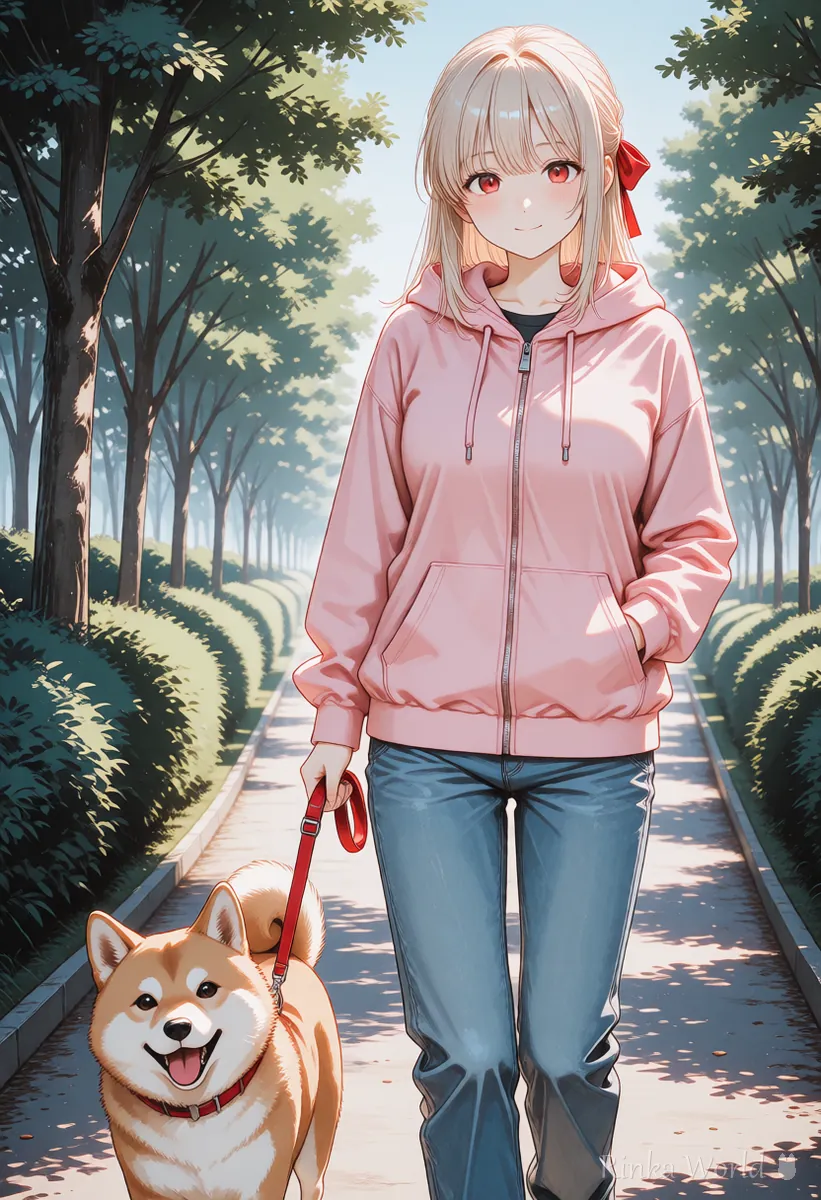 柴犬をリードで連れて散歩する女の子のアニメイラスト　犬と一緒の絵の作例