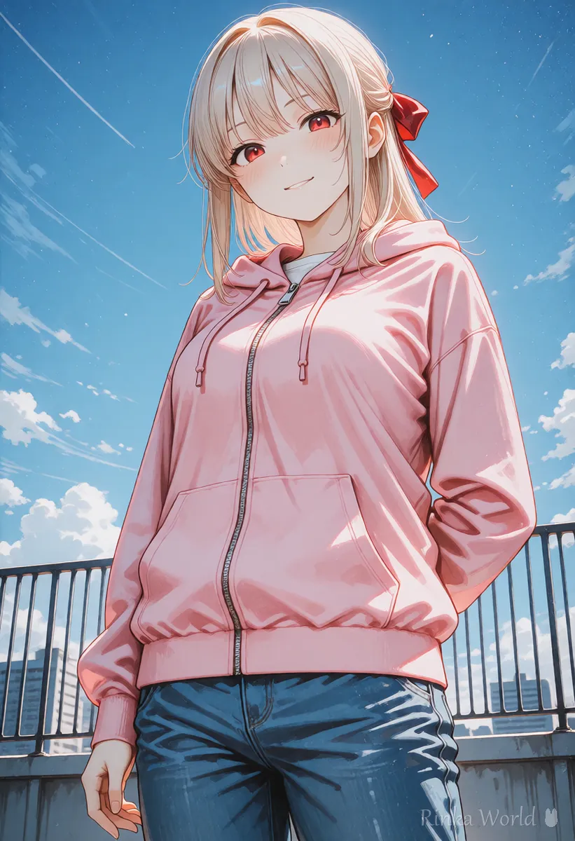 屋上で大きな空を背に下から見上げて写した、広角のあおりの女の子のアニメイラスト