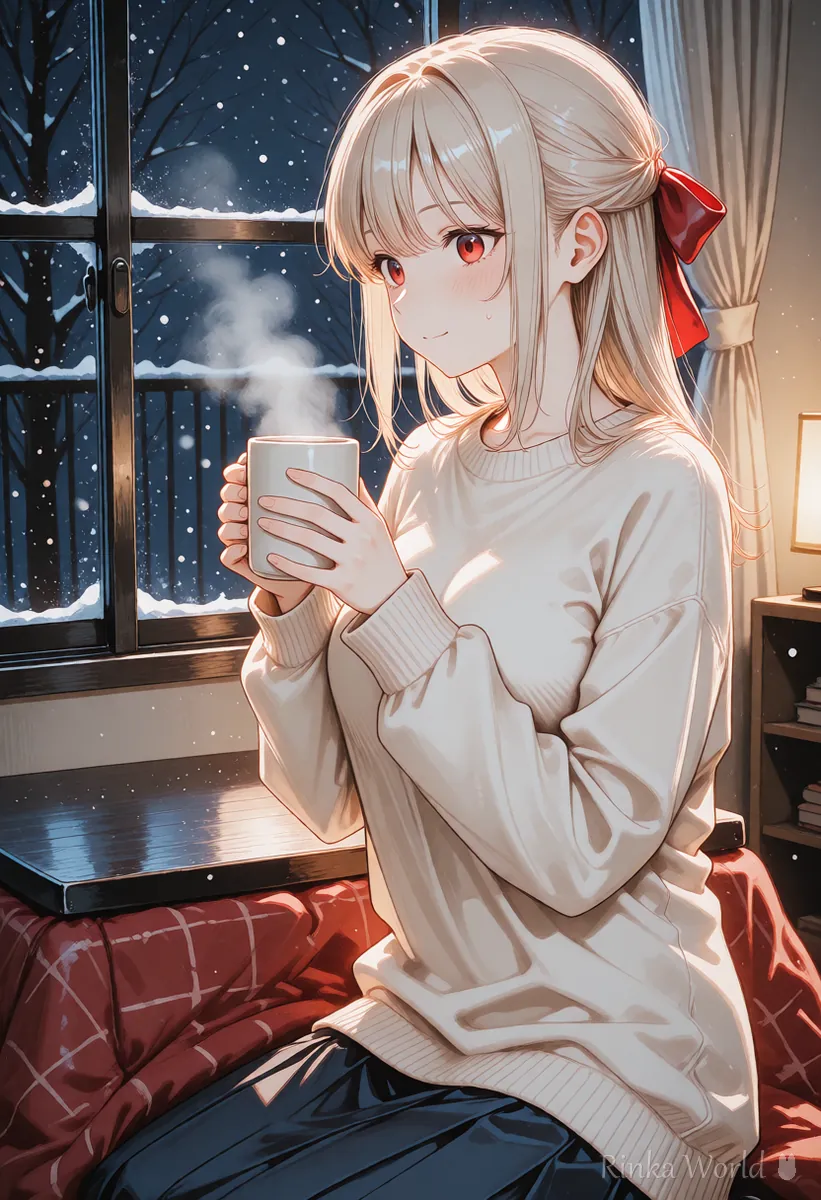 Anime girl holding a warm mug and watching snow fall outside a window from a cozy room