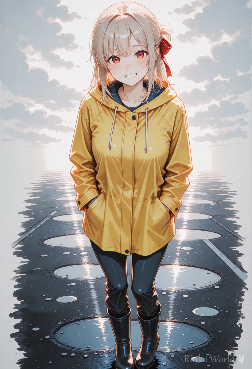 黄色いレインコートで水たまりのある雨あがりの道に立つ女の子のアニメイラスト