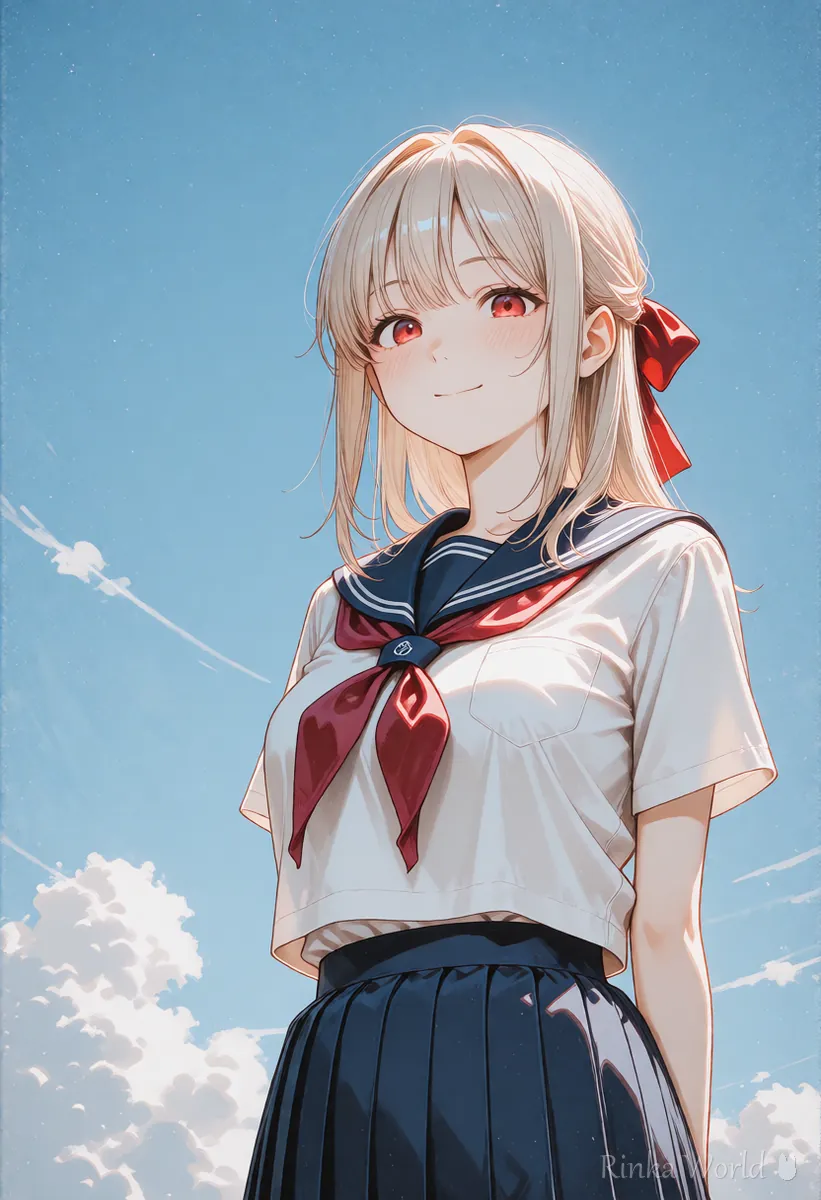 画面の上半分に空を大きく残したポスター向けの女の子のイラスト 文字入れの余白
