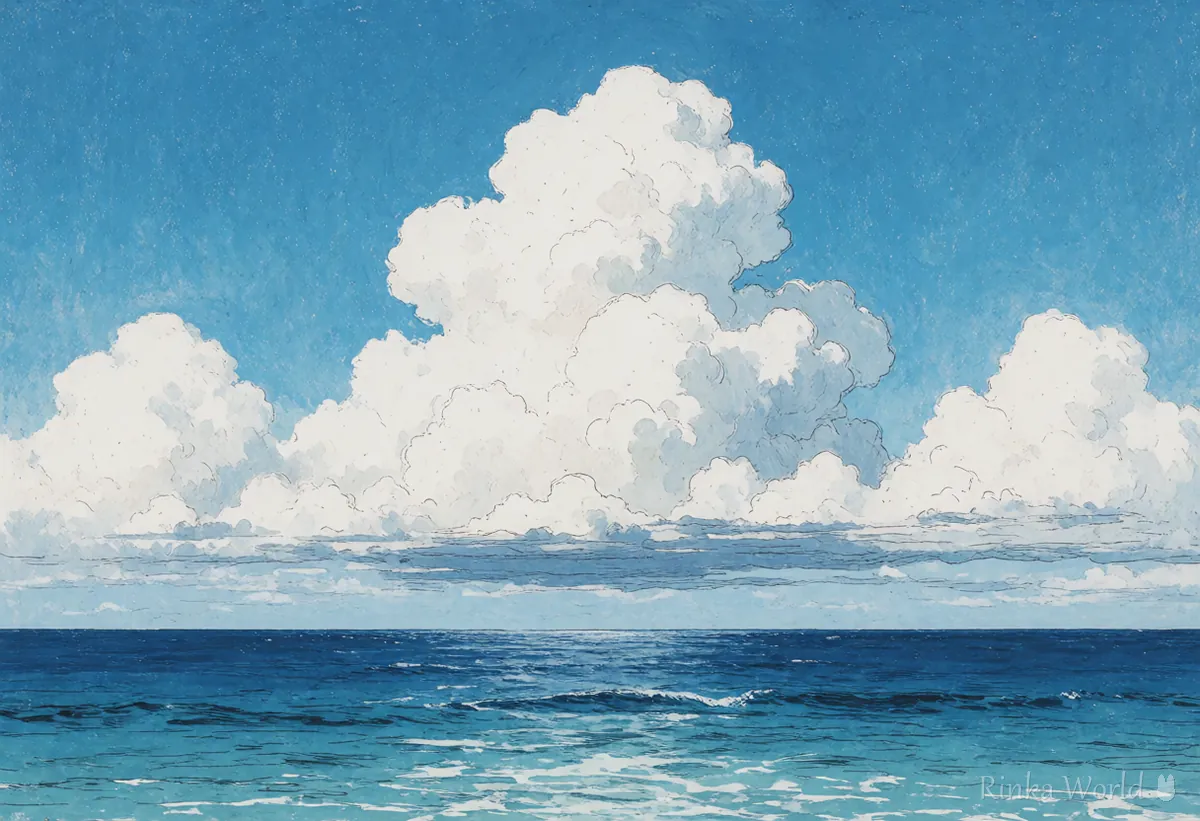 入道雲がわき立つ夏の空と青い海のアニメ風景の壁紙　人物なしの作例