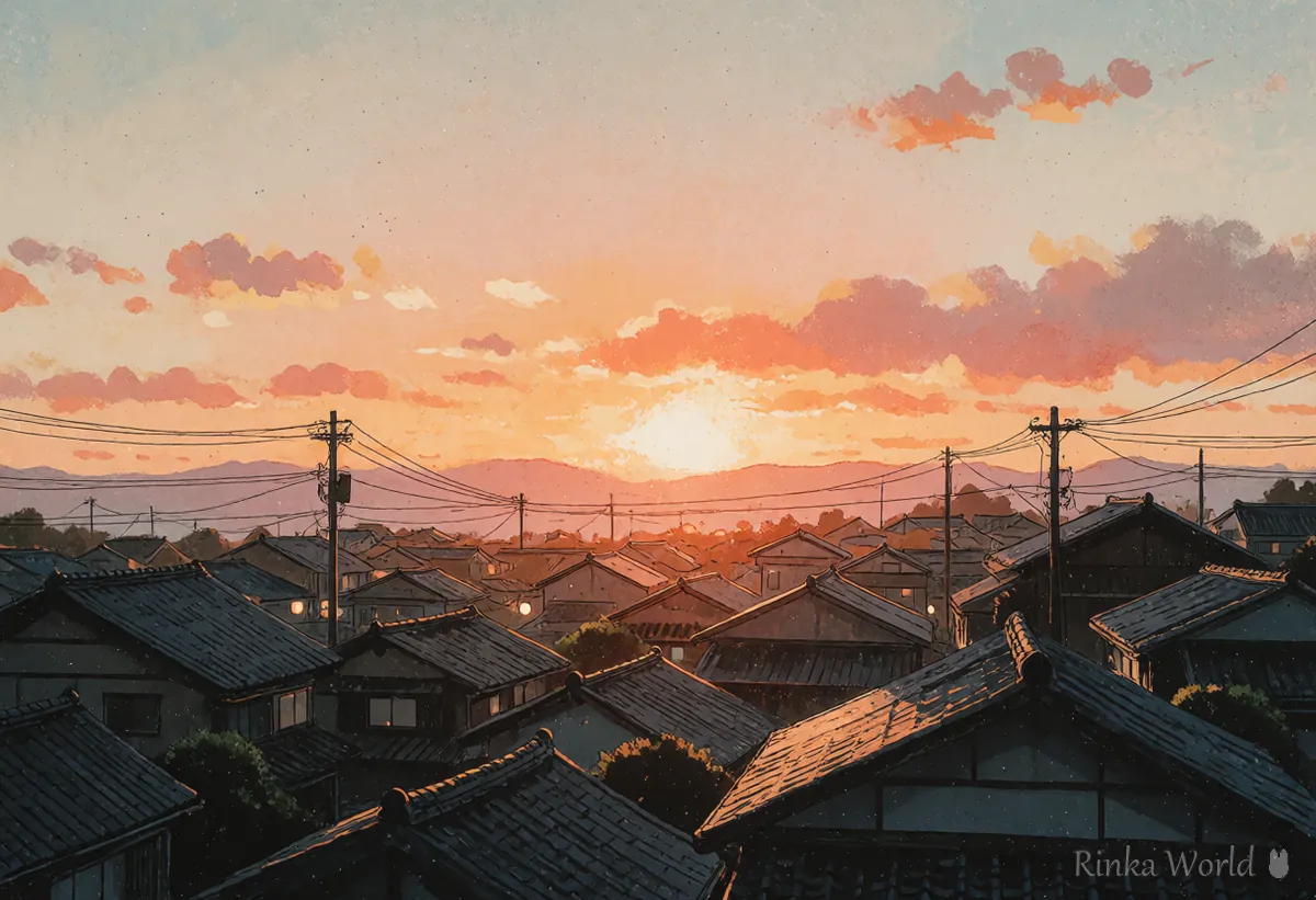 オレンジ色の夕焼けに染まる街並みのアニメ風景の壁紙イラスト