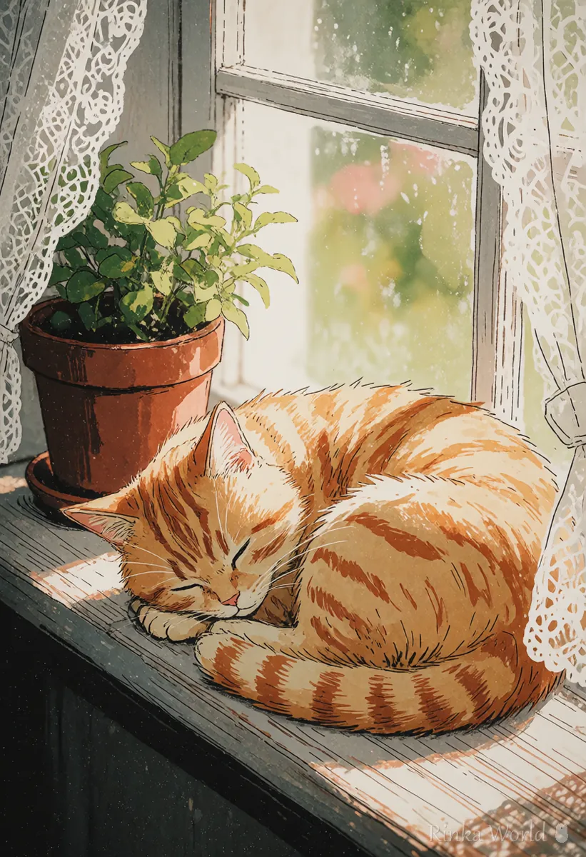 窓辺で丸くなる猫のアニメ風イラスト　ペットの写真をアニメ風にするイメージ