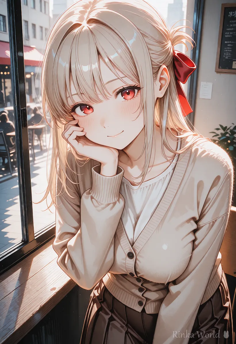 カフェの窓辺でほほえむ女の子のアニメ風イラスト　写真をアニメ風にした仕上がりのイメージ
