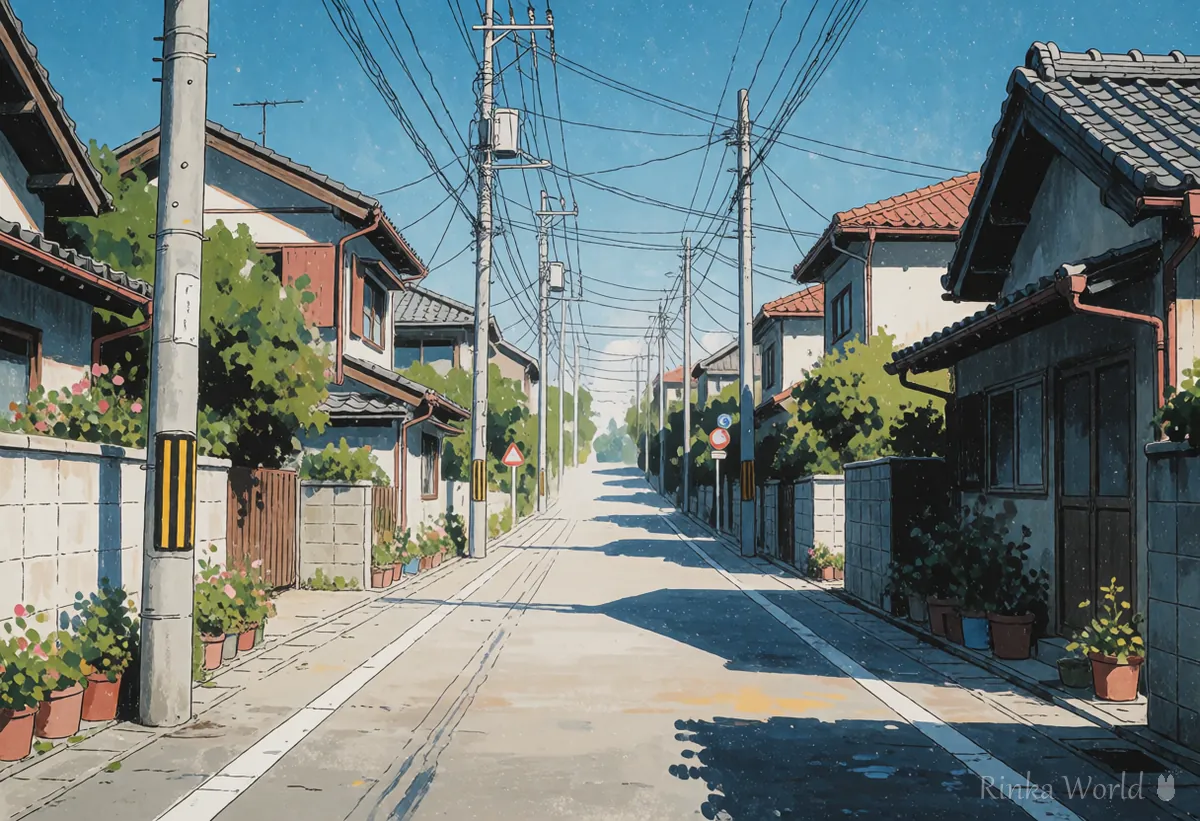 電柱と坂道のある住宅街のアニメ風背景イラスト　風景写真をアニメ風にするイメージ
