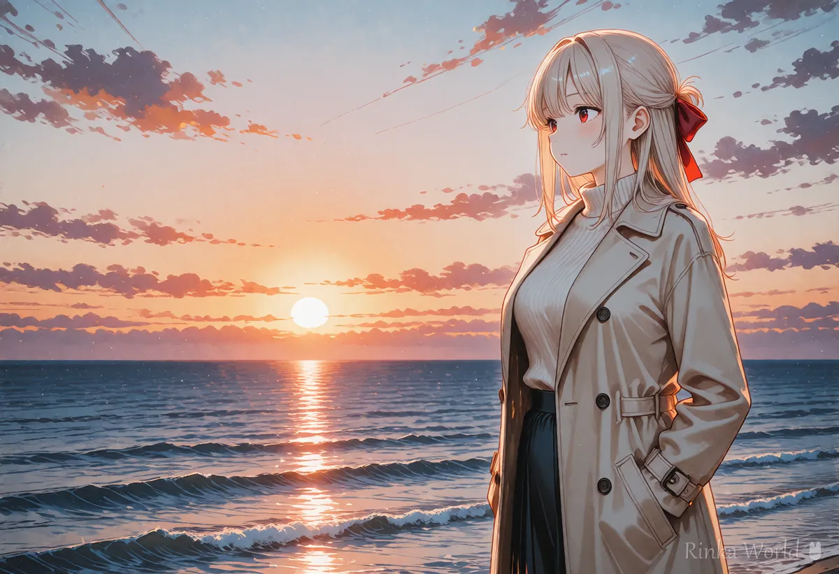 夕焼けの海辺に立つ女の子の横長のアニメイラスト 壁紙用に高画質化する例