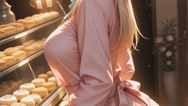 灯りともるパン屋で振り返るピンクワンピースのAIイラスト｜Cozy Bakery Pink Dress Anime Art