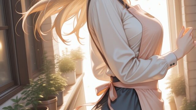 灯りゆれるテラスで ロングワンピースのAIイラスト｜Golden Hour Terrace Anime Art｜夕暮れテラ…