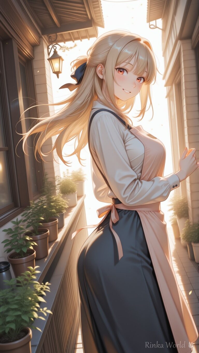 anime girl in a long dress on a golden hour balcony terrace with plants and lantern, warm backlight, aesthetic anime art wallpaper
