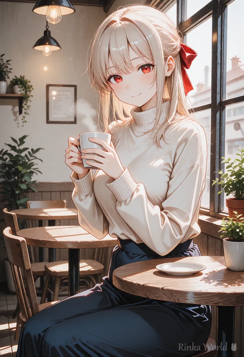 Anime girl smiling in a window-side cafe, the third image to choose from