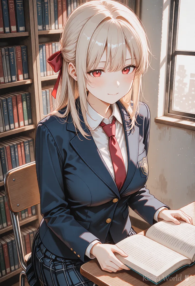 Anime girl reading in a library, the first of several images to choose from