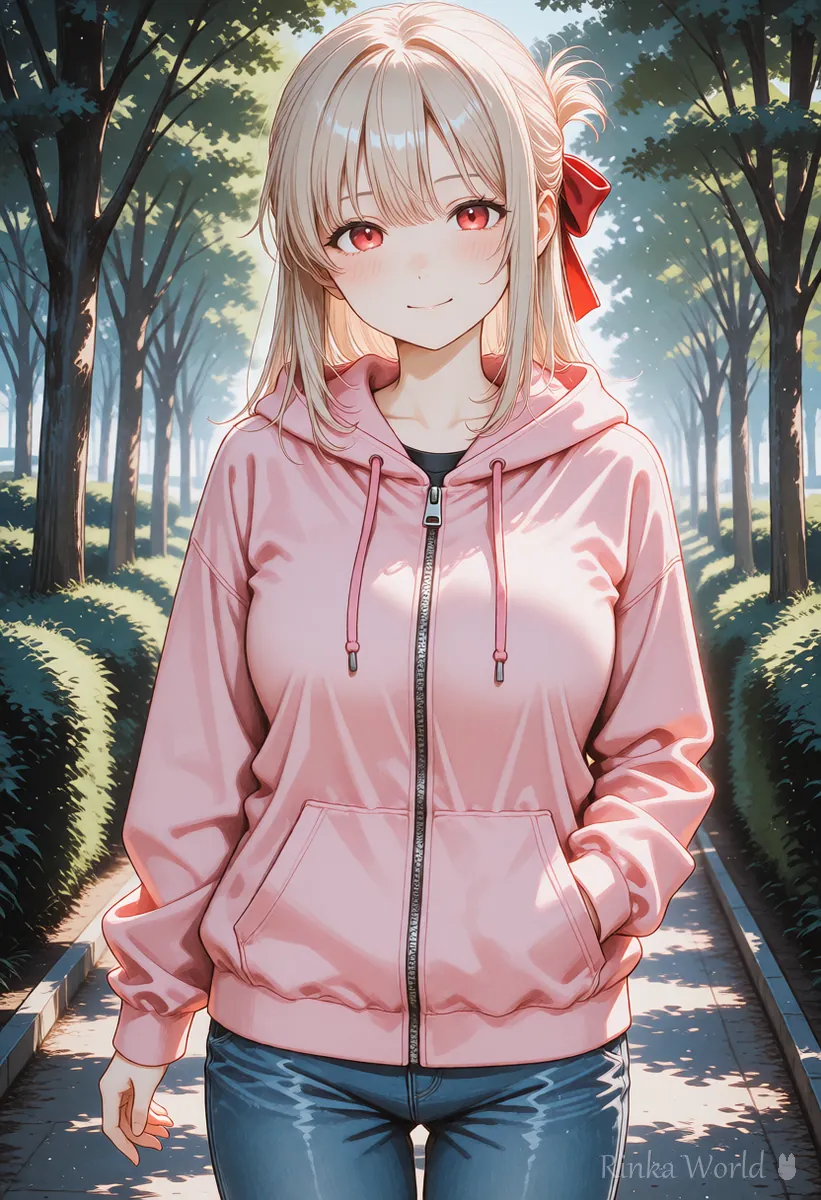 Anime girl walking on a park path, the second image to choose from in a large batch