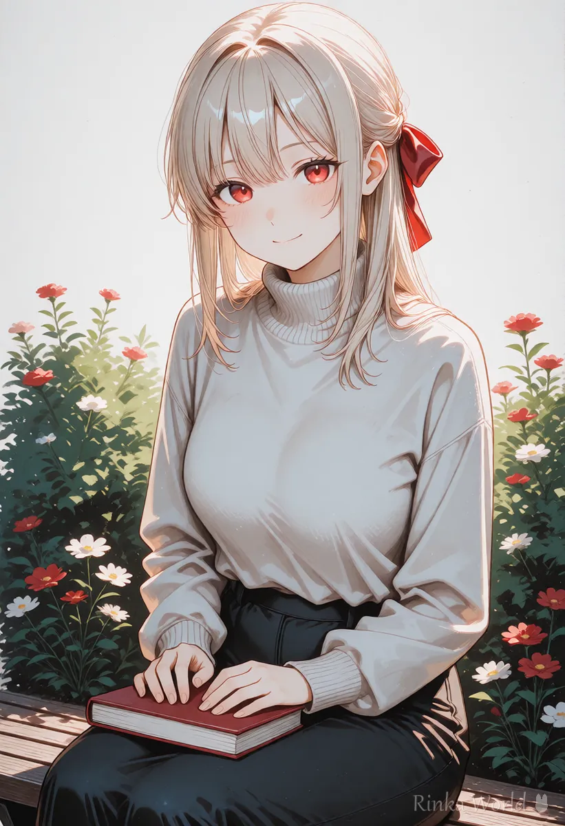 Anime girl smiling on a garden bench with a closed book on her lap, having her questions answered