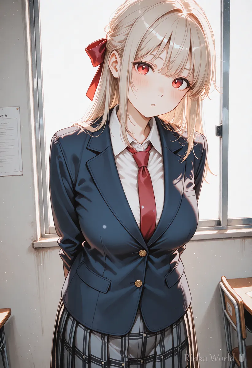 Anime girl in a blazer tilting her head with a curious look, a beginner question