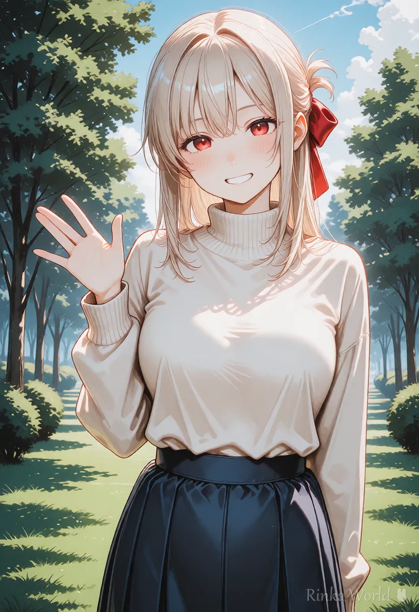 Anime girl waving one hand with a bright smile in a park, welcoming AI art beginners
