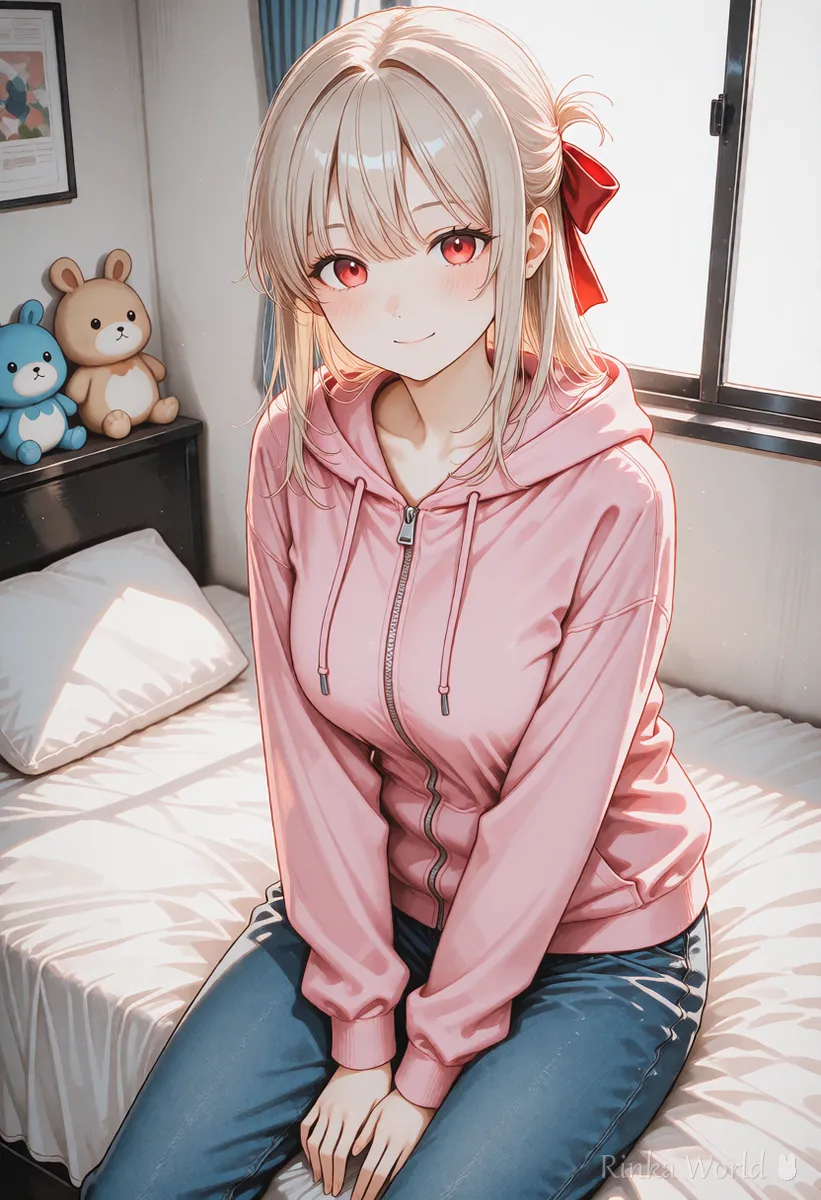 One anime girl sitting on a bed in her room, an example of stating the number of people