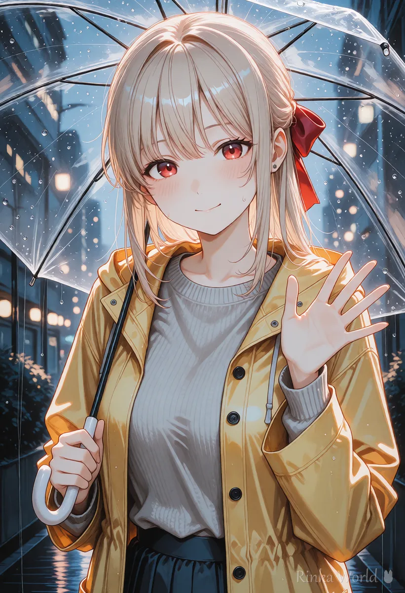 Anime girl in a yellow raincoat with a clear umbrella waving on a rainy evening street
