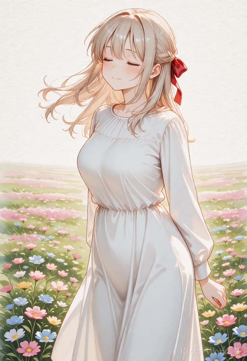 Soft picture-book style anime girl in a flower field