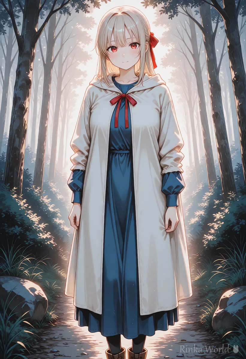 Fantasy book cover style illustration of a girl in a white cloak centered in a forest