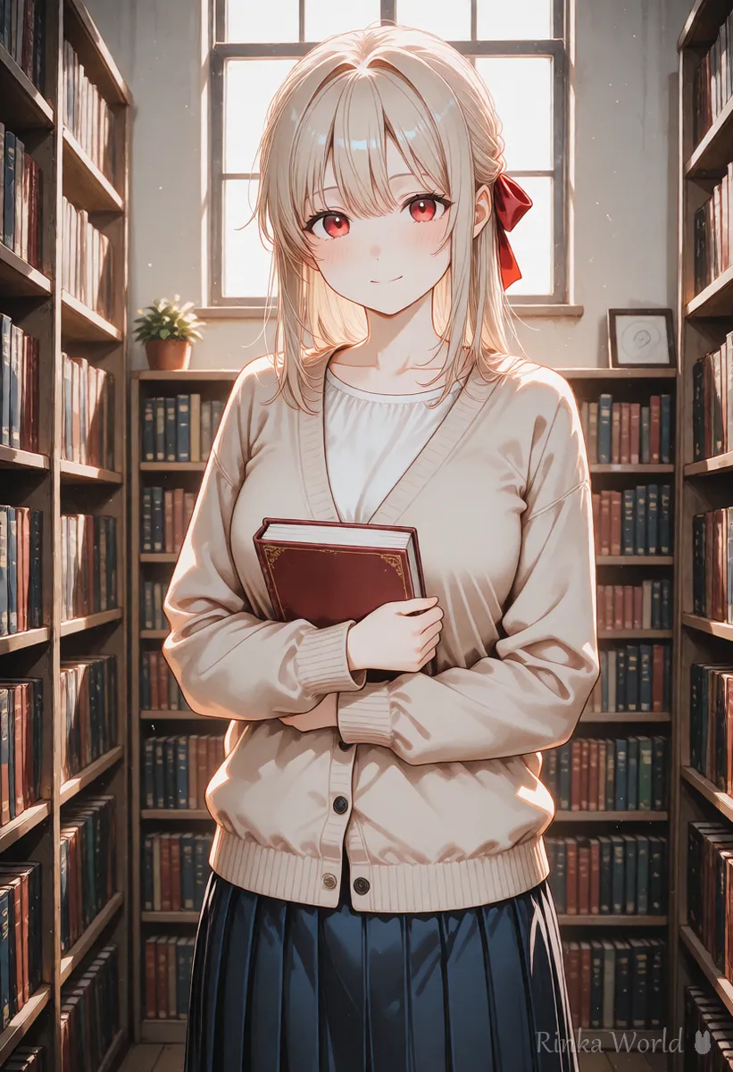 Vertical book cover style illustration of a girl in a library with space for a title