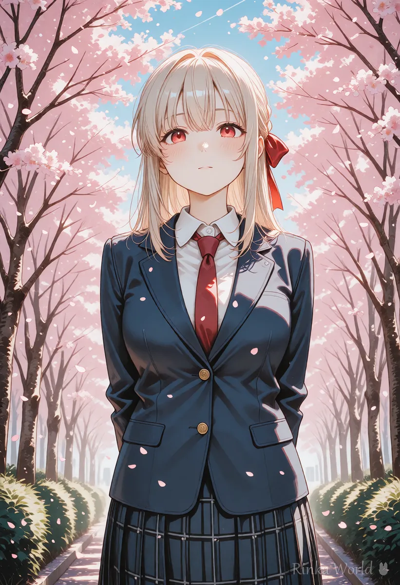 Vertical spring cover-style illustration of a girl under cherry blossoms