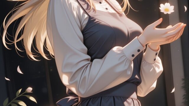 花びらが舞うカフェテラスとウェイトレスのカフェ制服AIイラスト｜Cafe Petals Waitress Anime Art