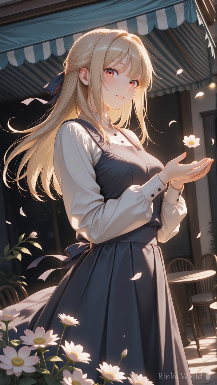 花びらが舞うカフェテラスとウェイトレスのカフェ制服AIイラスト|Cafe Petals Waitress Anime Art