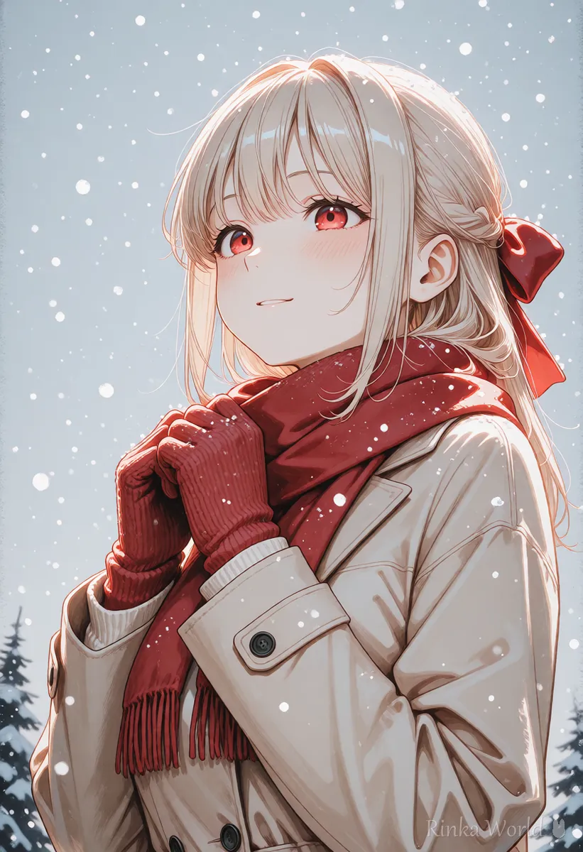 雪を見上げる女の子のローアングルのイラスト、チルトアップのカメラワークの例