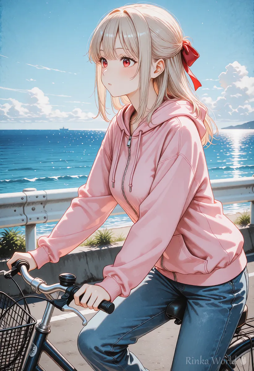 海沿いの道を自転車で走る女の子を横から見たイラスト、トラッキングショットの例