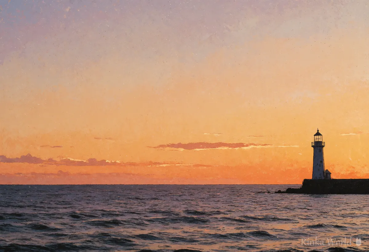 空が広い夕焼けの海辺の風景イラスト　Canvaで文字を重ねるバナー用の絵を作る参考