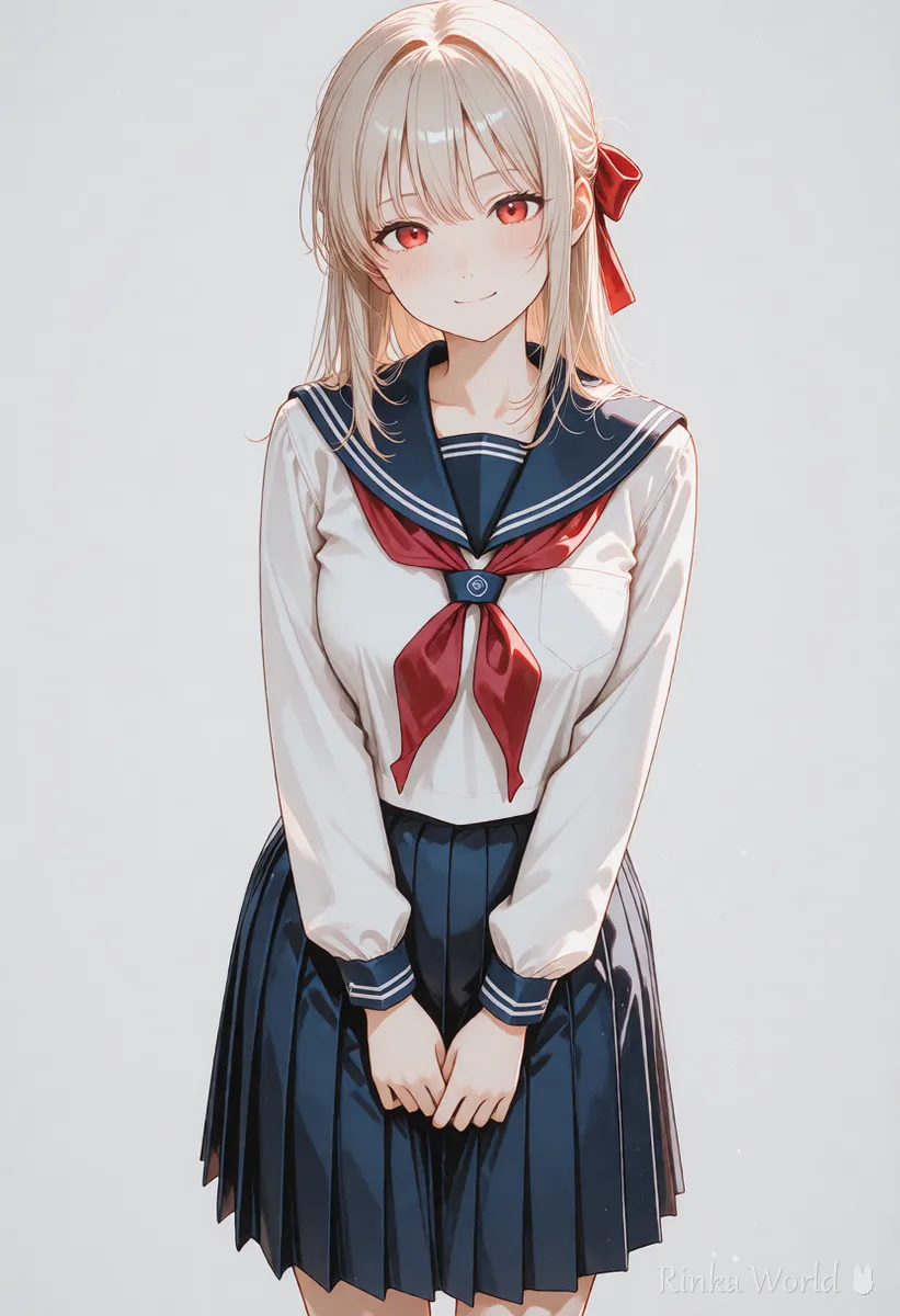紺・白・赤の少ない色でまとめた制服の女の子のイラスト　キャラの配色の例