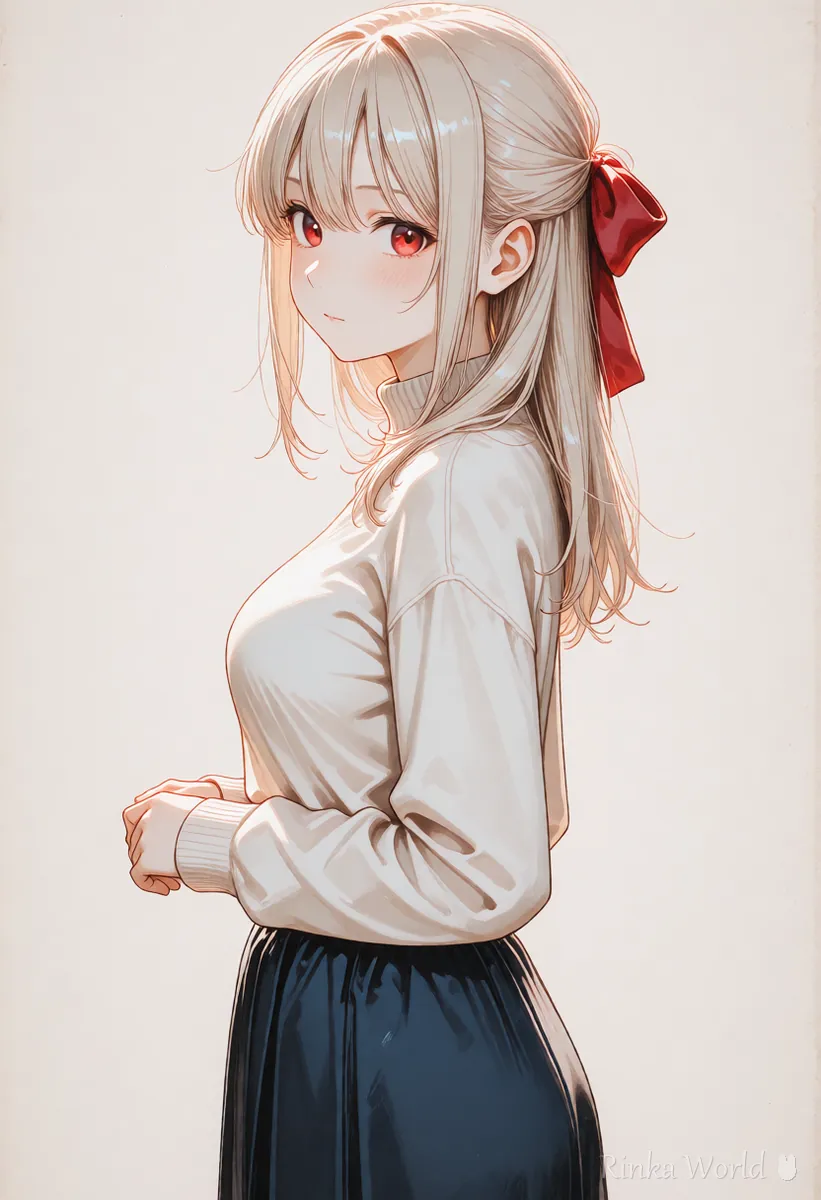 大きな赤いリボンが目印の女の子の後ろ姿寄りのイラスト　キャラの特徴の付け方