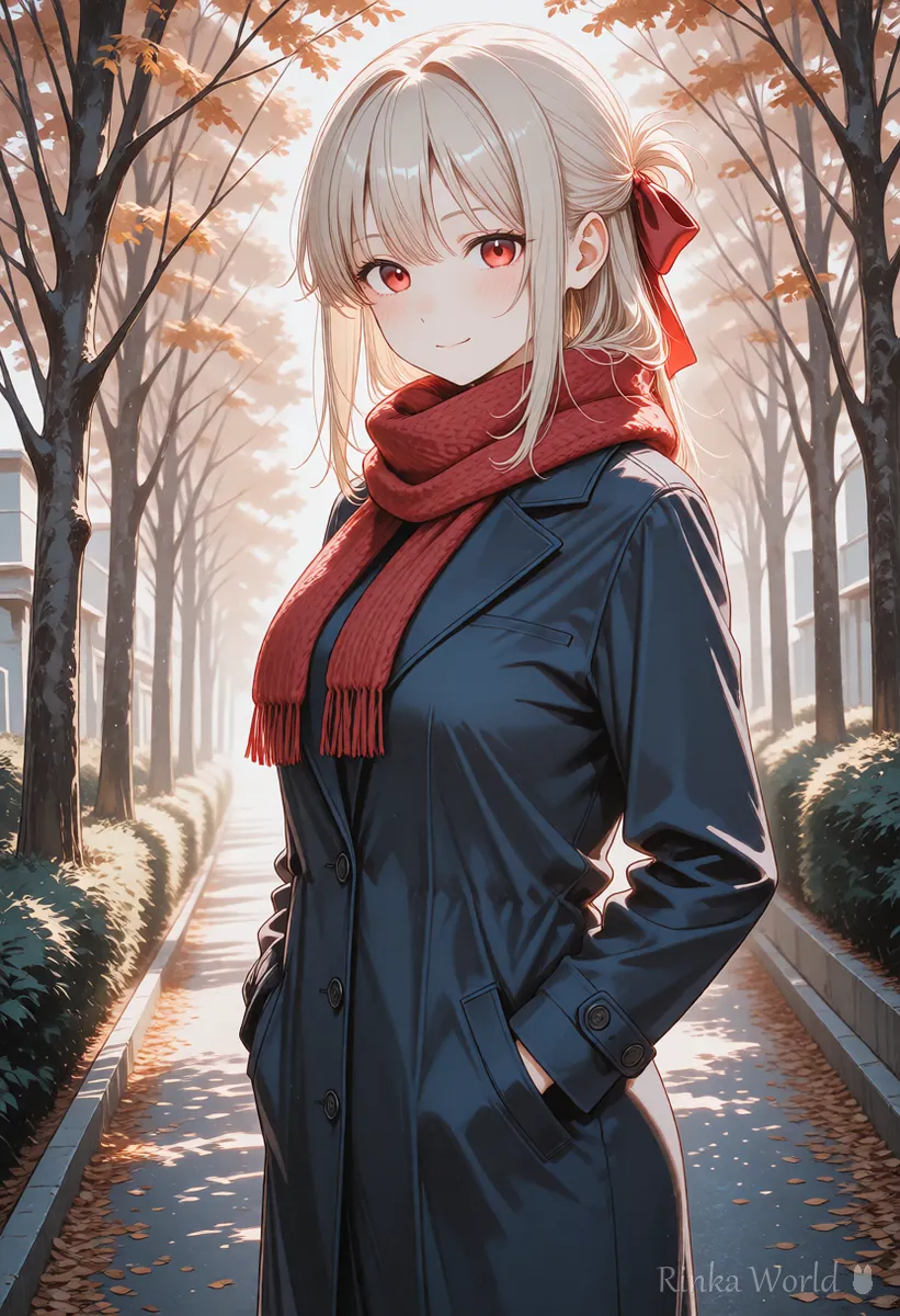 紺のコートで街を歩く女の子のアニメイラスト　ChatGPTで画像を部分的に直す前の元の絵の参考