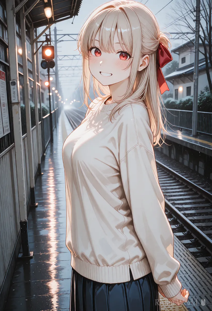 雨の日の駅に背景を変えたアニメの女の子のイラスト（背景だけ直した例）