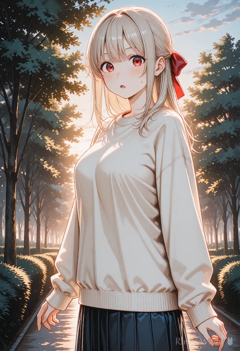 同じ公園で少しおどろいた顔に変えたアニメの女の子のイラスト（表情だけ直した例）