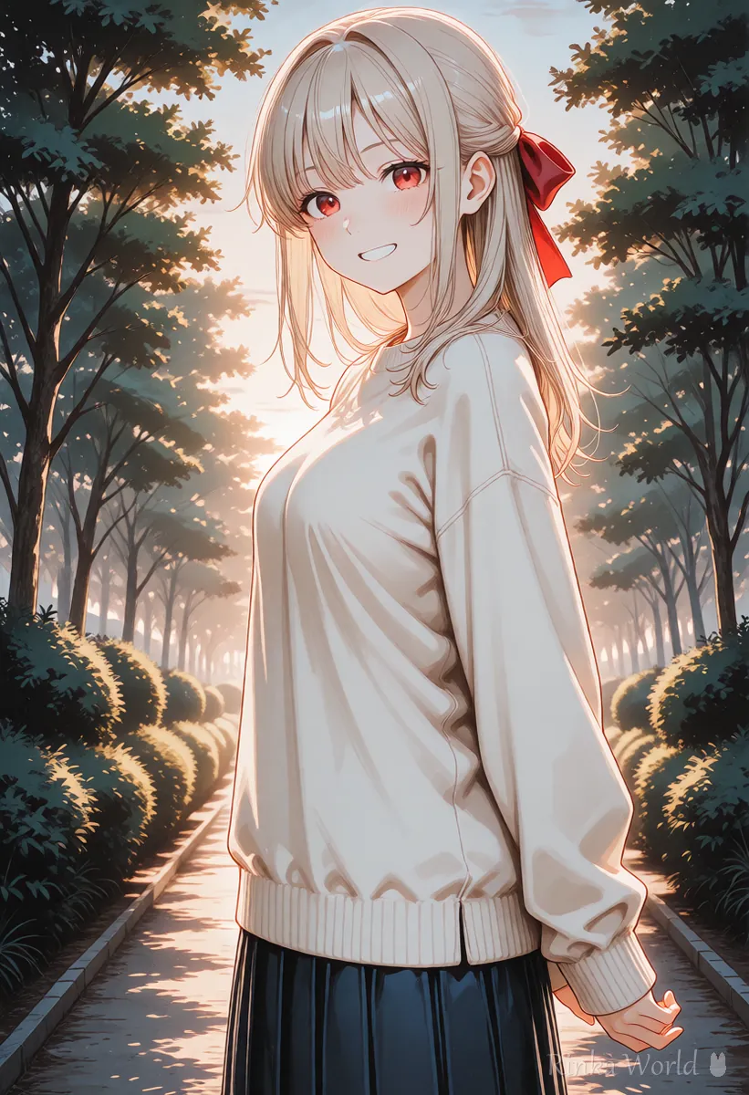 夕方の公園でふり返って笑うアニメの女の子のイラスト（ChatGPTで画像を頼む例）