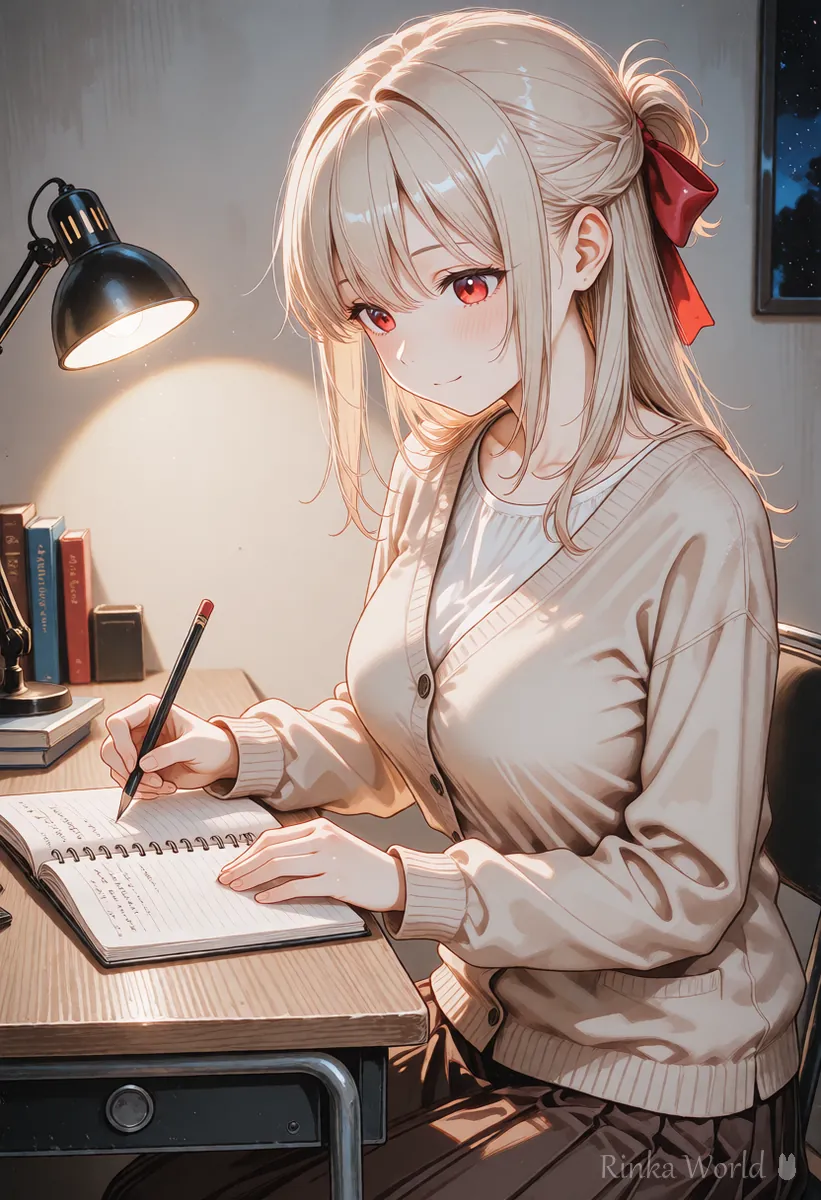 Anime girl writing ideas in a notebook at her desk, an image of planning a prompt