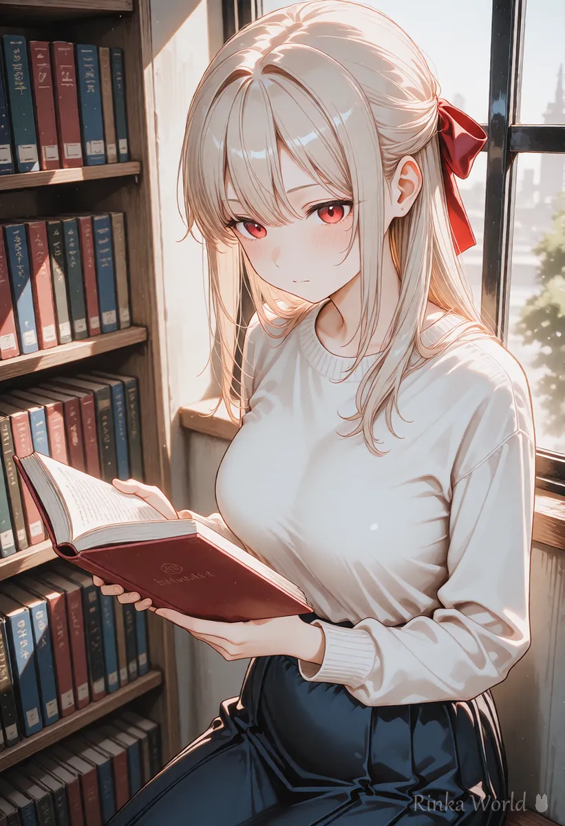 Anime girl in a white sweater reading by a library window, the kind of image described to ChatGPT