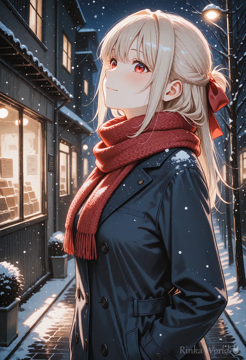 Anime girl in a scarf looking up at falling snow in a city at night