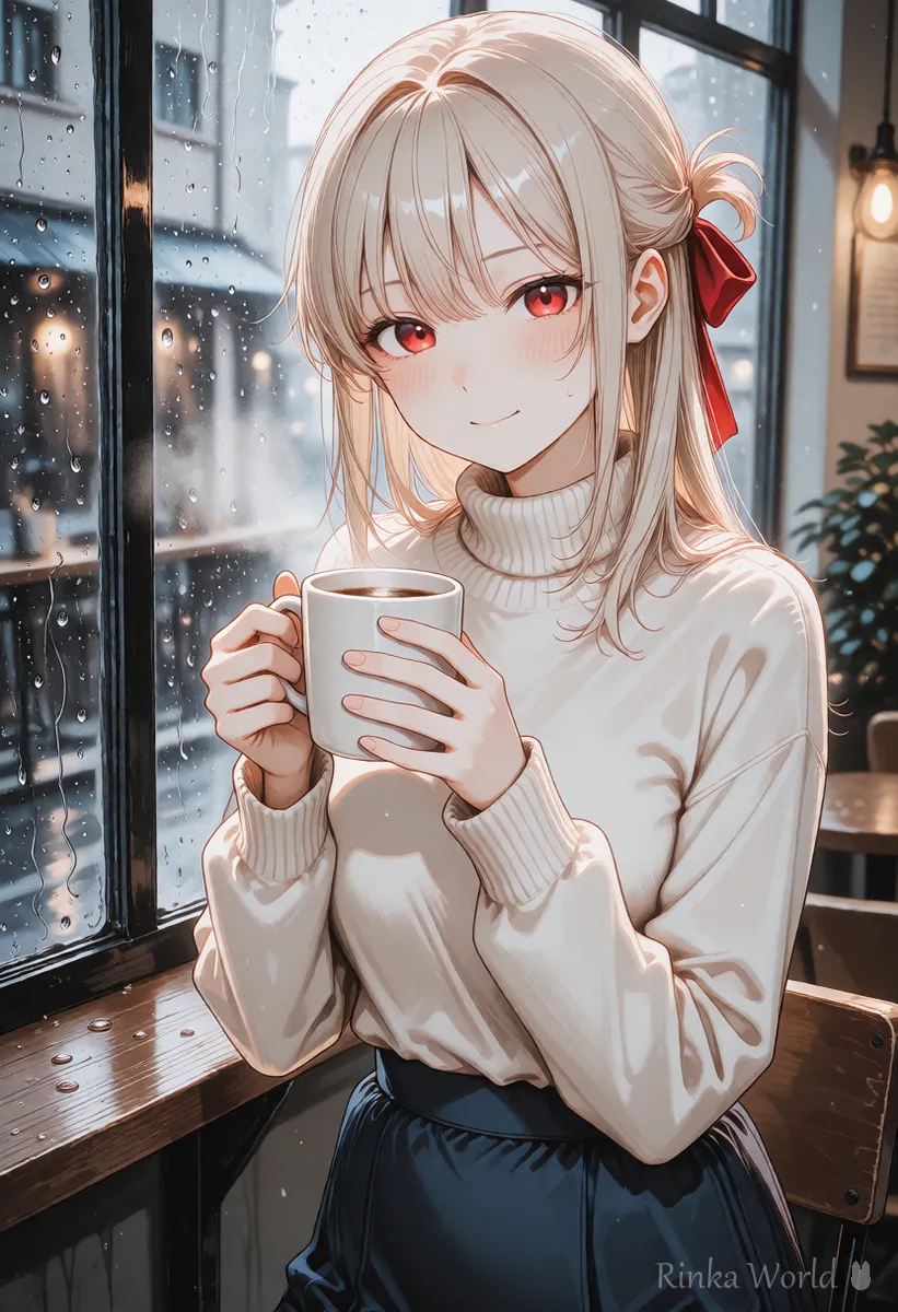 Anime girl holding a mug by a cafe window on a rainy day