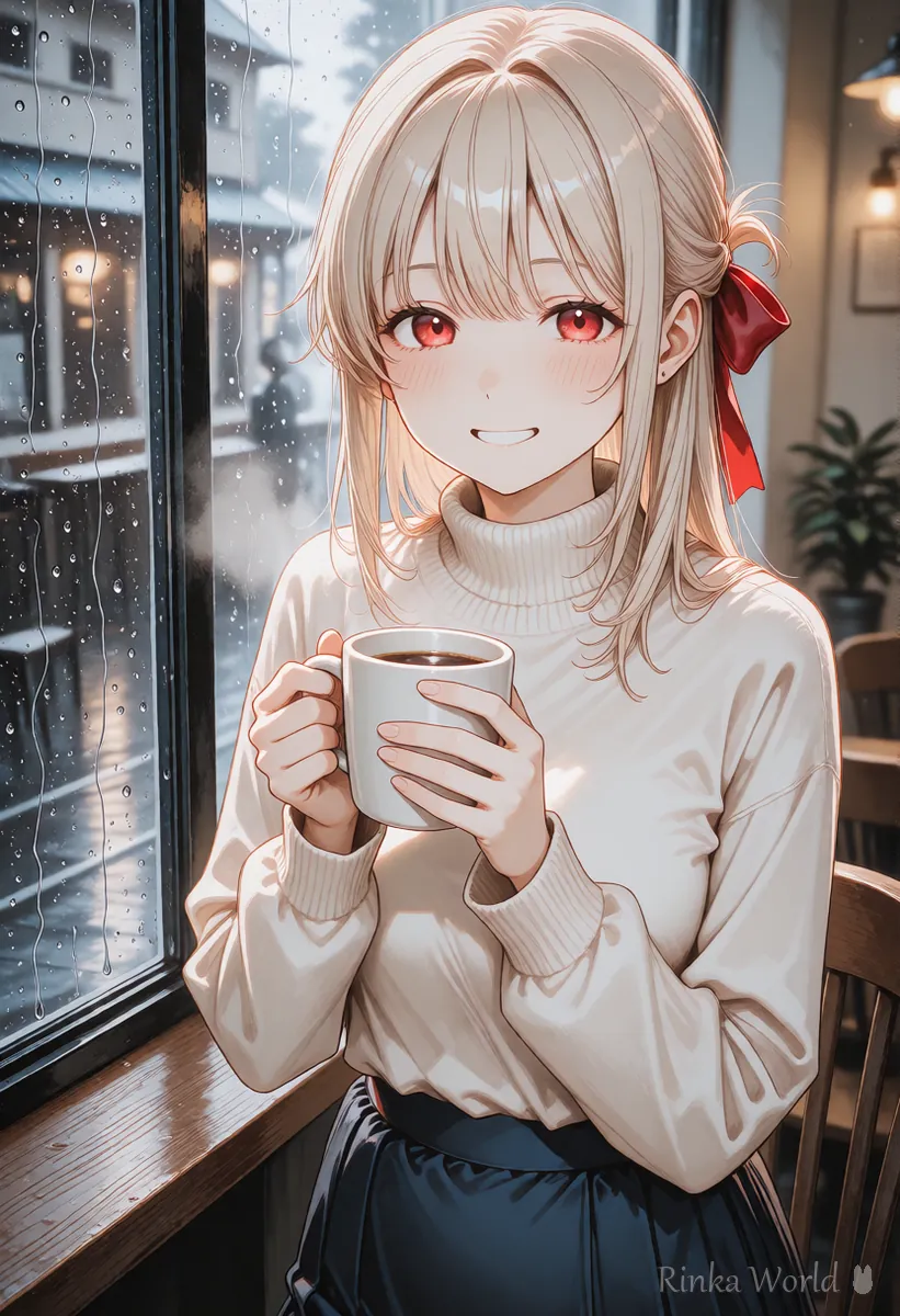 The same girl by the cafe window smiling with her eyes closed