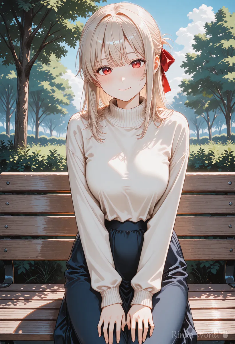 The same girl sitting on a park bench on a sunny day