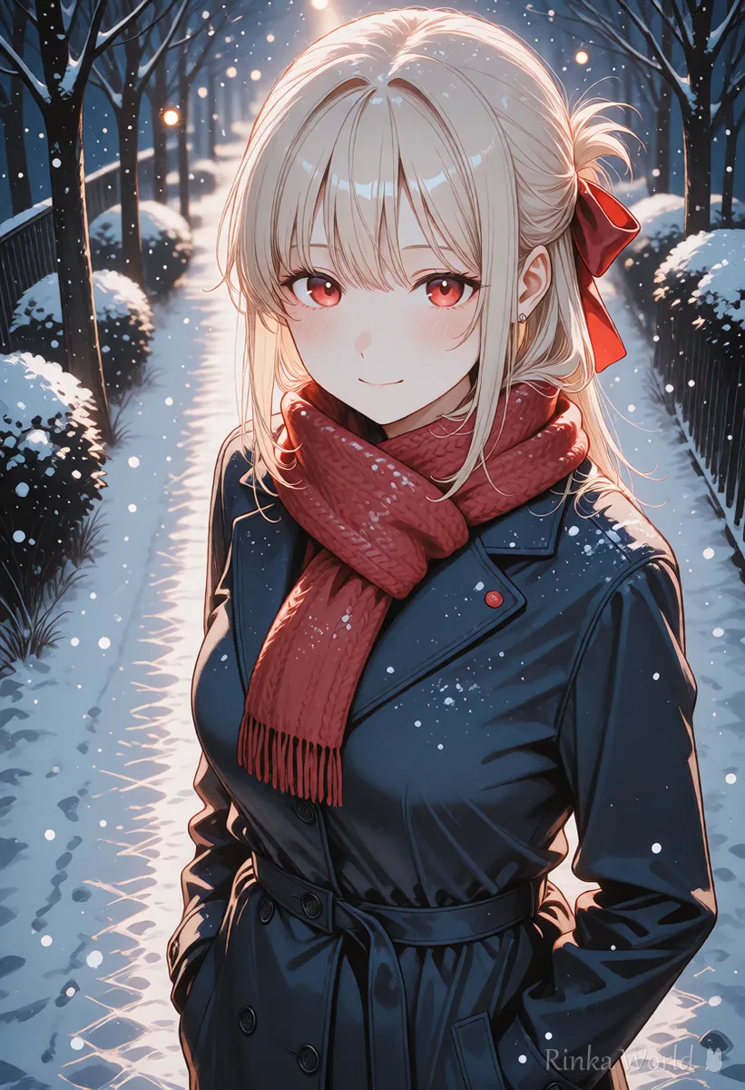 雪の街角で赤いマフラーを巻いた女の子のイラスト 細かい要素の反映を確かめる絵のイメージ