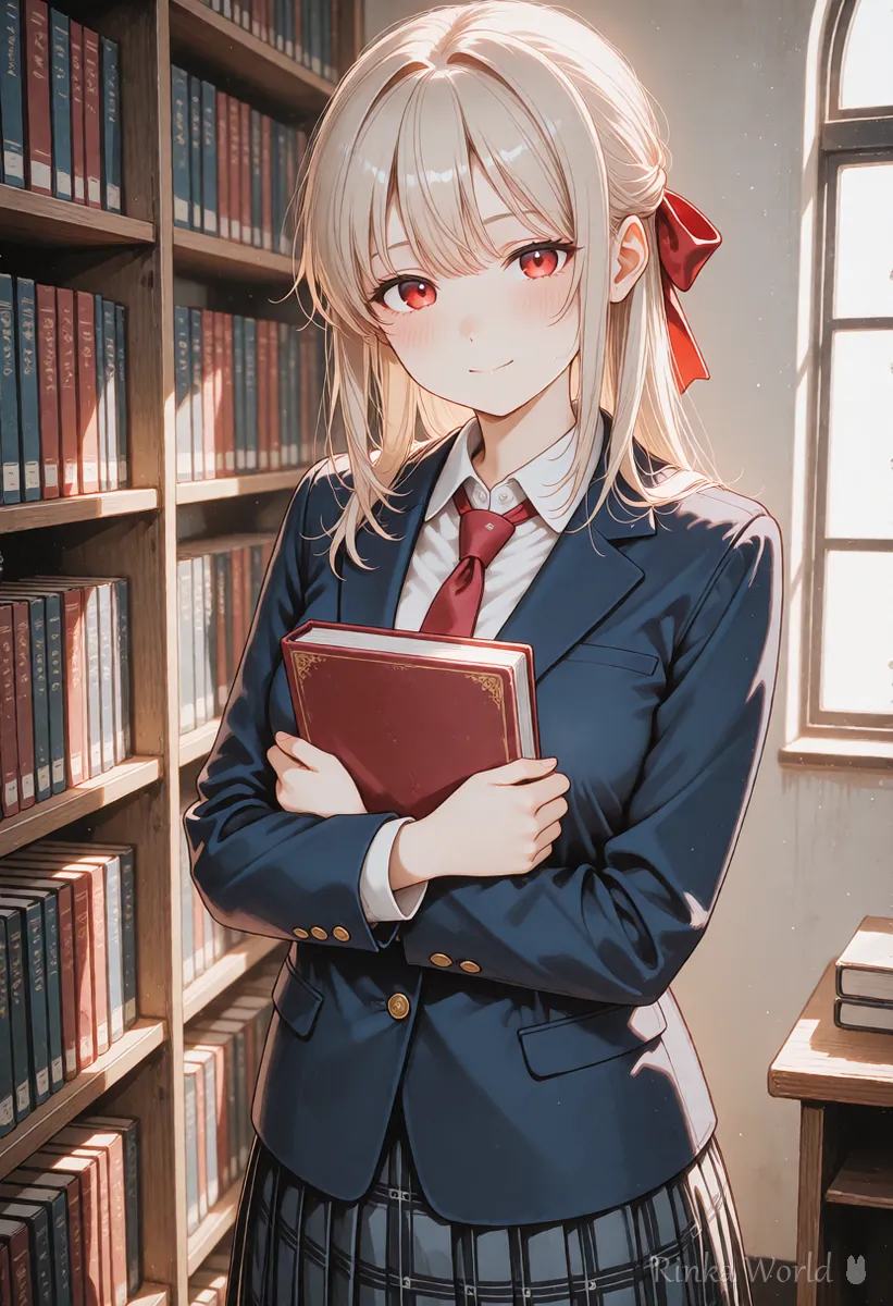 図書室の本棚の前で本を持つ女の子のアニメイラスト 言葉の効き方を見比べる時の参考イメージ