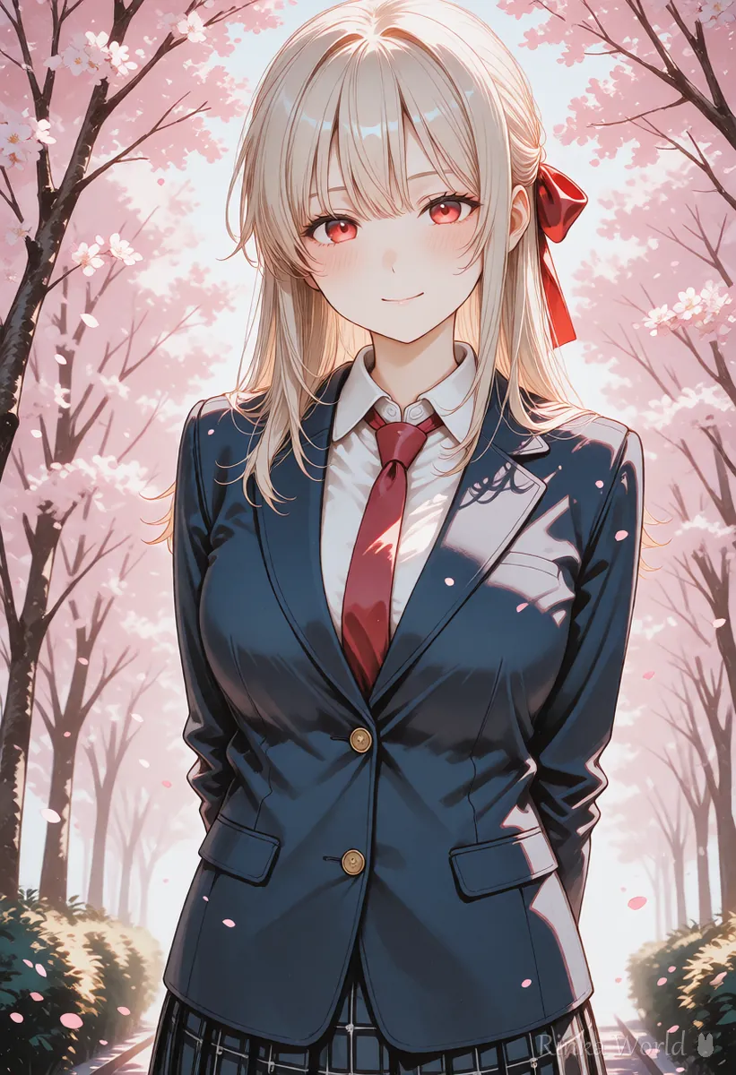 桜の下で制服を着てほほえむ女の子のイラスト ComfyUIで最初に作る1枚のイメージ