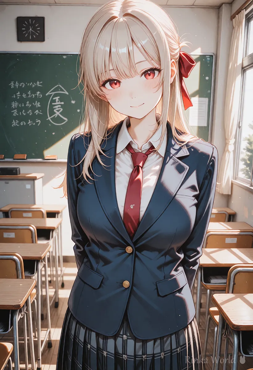 同じキャラクターのまま場所を教室に変えた女の子のイラスト プロンプトを1か所だけ変える例
